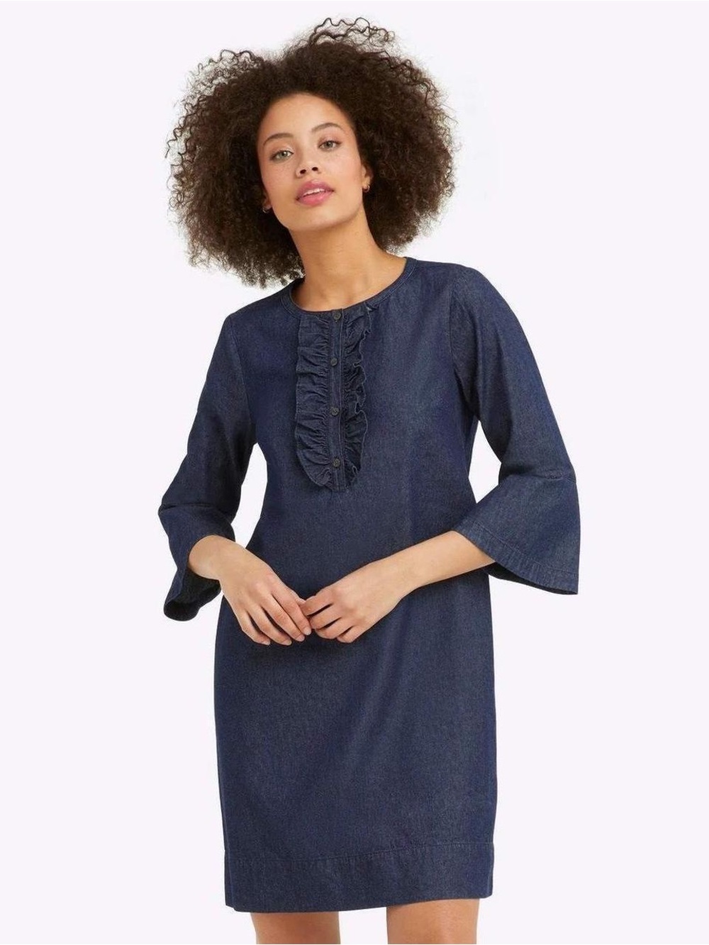 Draper James Chambray Ruffle
Shift Midi Dress Dark Indigo Cottagecore 100% Ctn.